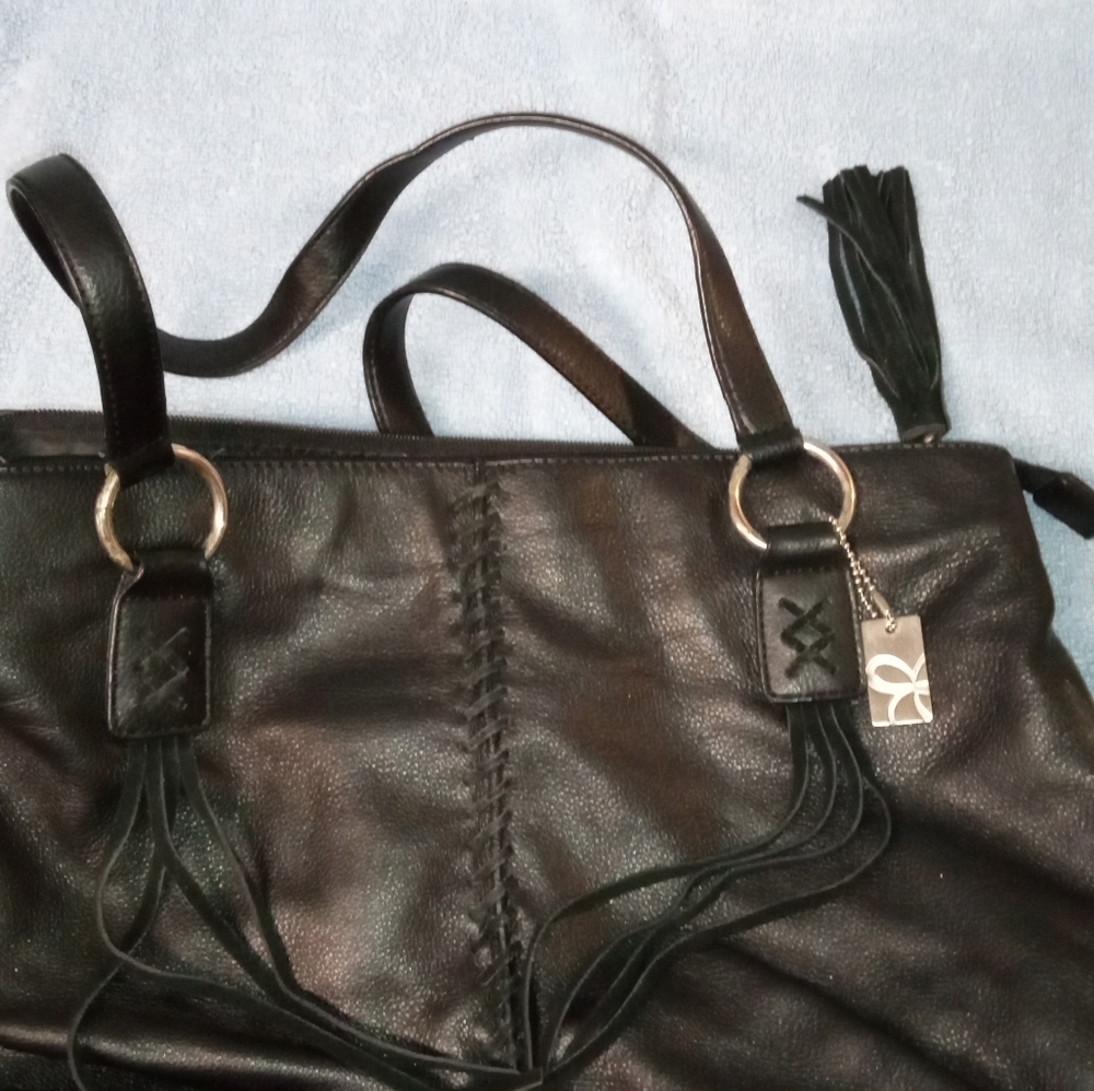 Lina black leather tote- pebble finish with tassel front and zipper pull & whip